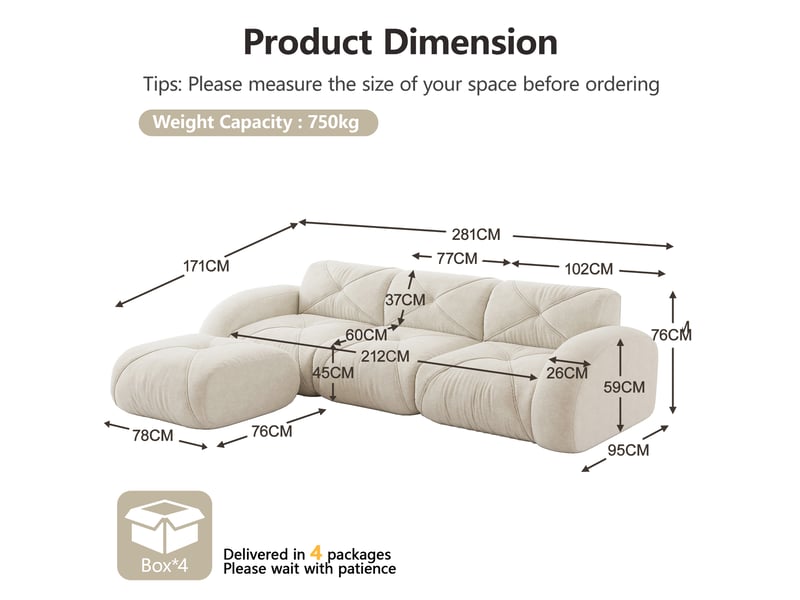  Canapé d'angle modulaire avec assise en mousse 32d et base antidérapante, en chenille beige clair  - Conforama E