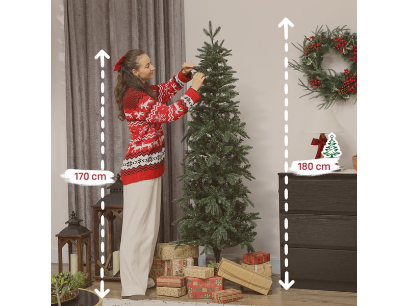  Sapin de noël artificiel 180 cm, arbre de noël slim avec 200 lumières 8 modes d'éclairage 605 branches articulées, vert  - Conforama C