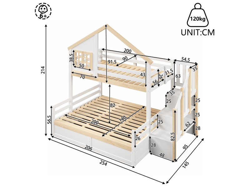  Lit superposé 90x200 cm et 140x200 cm avec barrières de sécurité, escalier avec rangements, blanc et naturel  - Conforama C