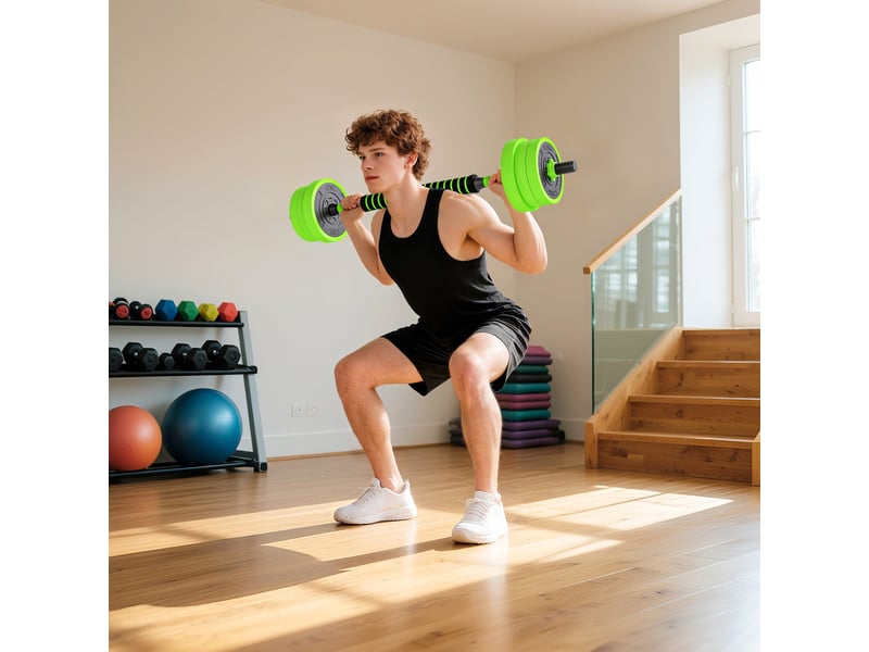  Kit de musculation 4 en 1 de 20 kg, convertible en kettlebell, comprenant 2 haltères, une barre et un support pour pompes, vert.  - Conforama C