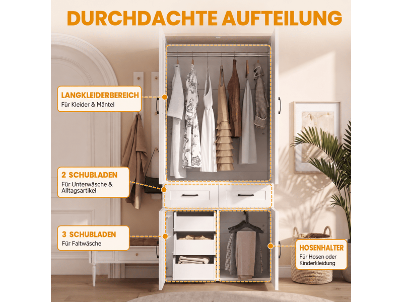 Armoire avec 4 portes, 5 tiroirs et 2 tringles, style campagne pour chambre à coucher, en mdf blanc, 90 × 50 × 200 cm  - Conforama E