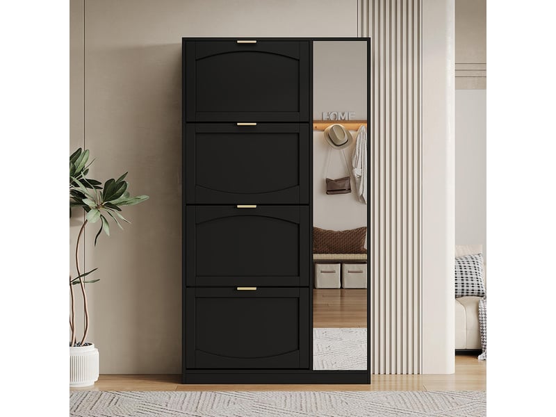Meuble à chaussures moderne miroir 4 compartiments rangement rabattables étagère réglable derrière miroir droit couloir noir l80h147p24 cm  - Conforama C