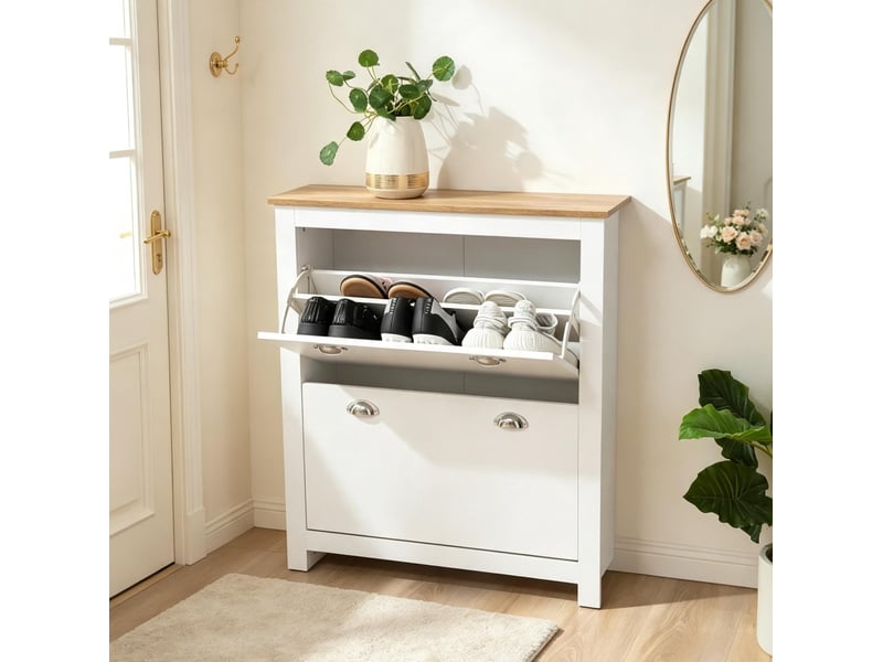 Meuble à chaussures ulevr à 2 abattants, étagères réglables, 79 x 23 x 90,5 cm, mdf chêne et blanc  - Conforama B