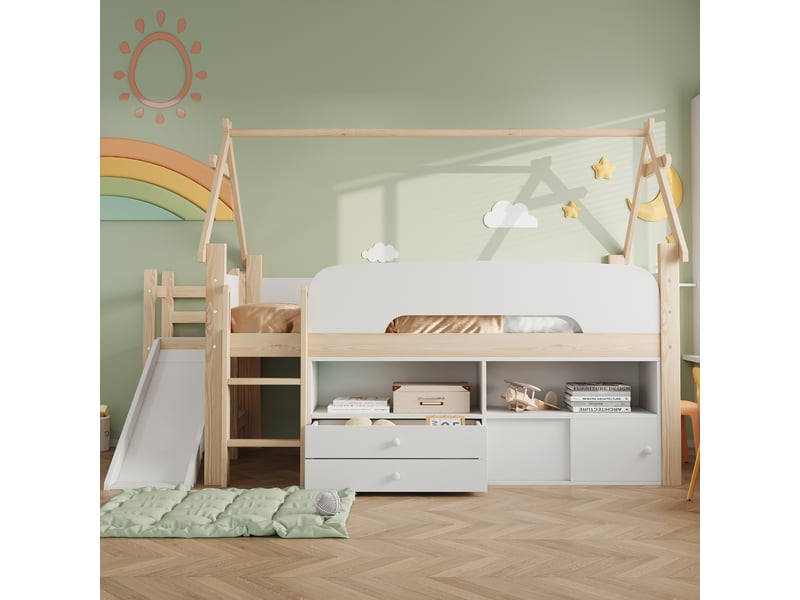  Lit mezzanine enfant 90x200 cm, cadre en forme de toit, toboggan, tiroirs, barrière, bois  - Conforama C