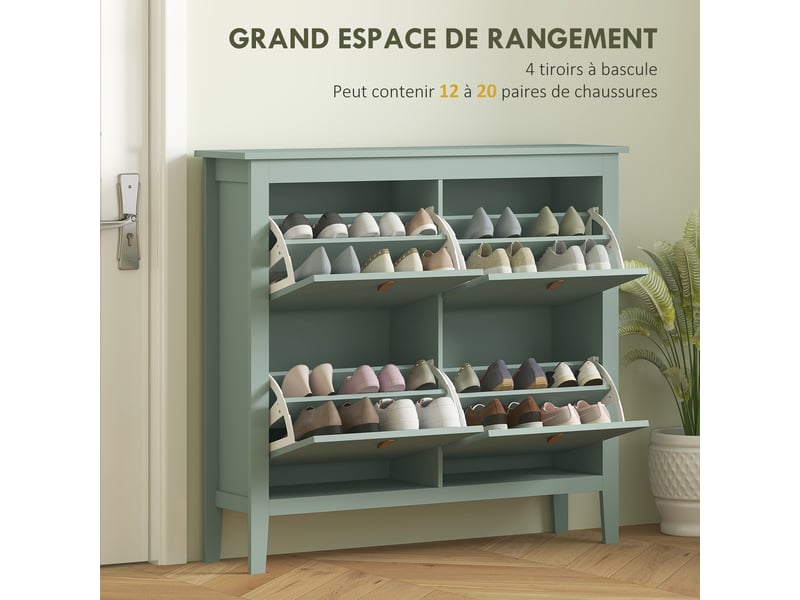  Meuble à chaussures 20 paires, armoire à chaussures avec 4 tiroirs rabattables, étagères amovibles et réglables, vert  - Conforama D