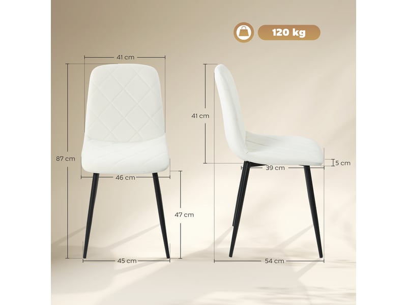  Lot de 4 chaises de salle à manger rembourrées avec dossier haut, pieds en acier et tissu effet velours, crème  - Conforama C