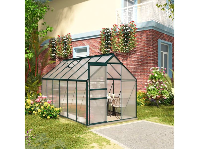  Serre de jardin en polycarbonate 190 x 375 x 199 cm, avec fenêtre ouvrante et porte coulissante, structure en aluminium, verte  - Conforama C