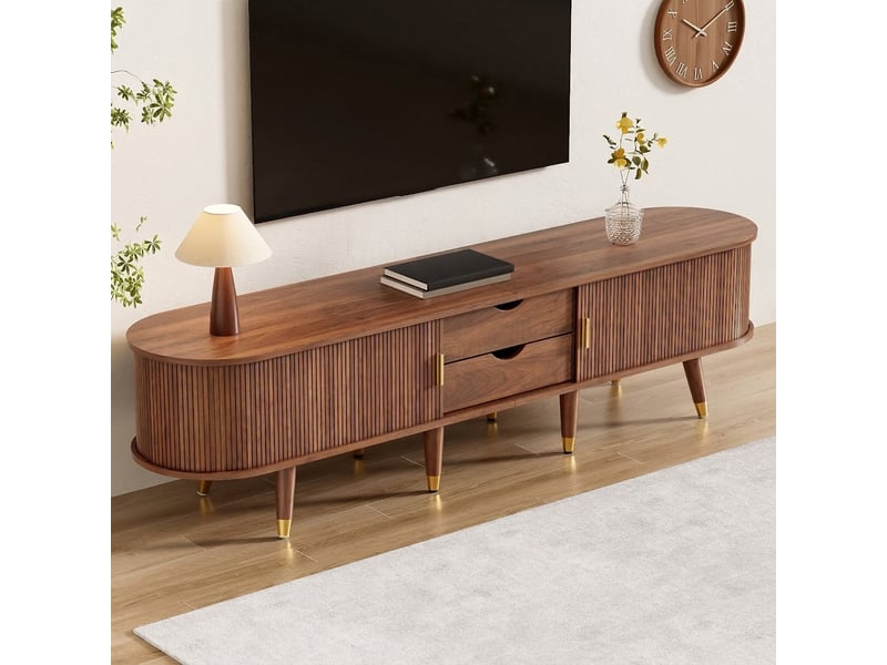  Ensemble meuble tv et table basse noyer, style mid-century, portes coulissantes et plateau relevable  - Conforama E