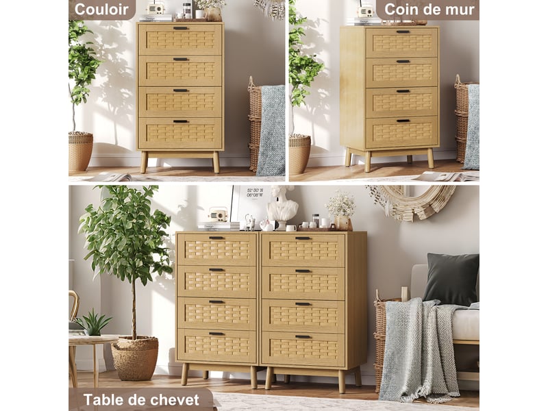 Commode en bois et rotin avec 4 tiroirs, meuble de rangement cannage scandinave, 55x40x95 cm  - Conforama W