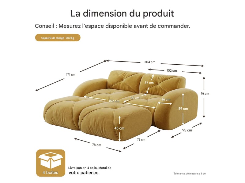  Canapé modulable 2 places avec 2 poufs en tissu chenille jaune W3325S00344 - Conforama C