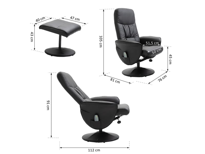  Fauteuil relax massant pivotant avec pouf, dossier inclinable et rangement, en cuir reconstitué noir  - Conforama C
