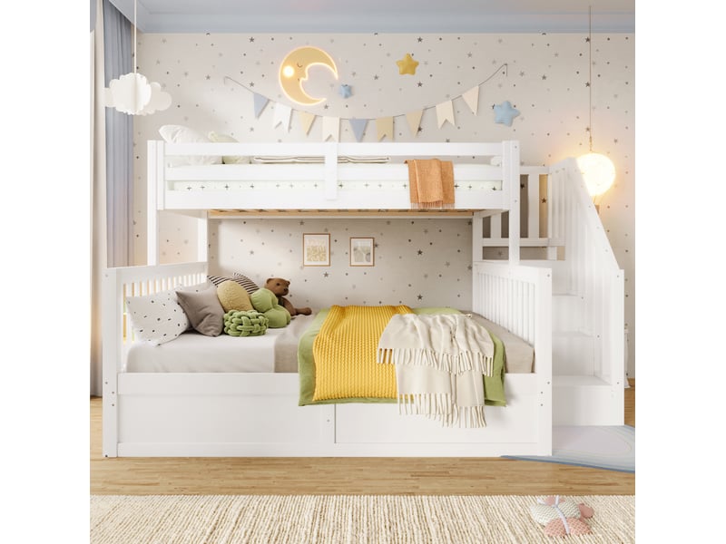  Lit superposé enfant 90x200 cm et 140x200 cm avec rangement blanc et naturel  - Conforama E