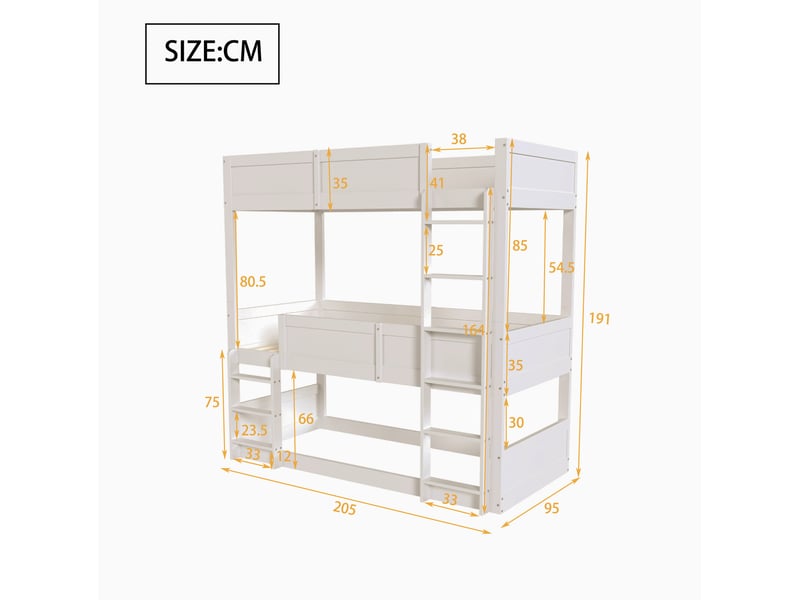 Lit superposé enfant triple 90x200 cm – blanc – modulable en lit simple et lit superposé bas – sans matelas - Conforama C