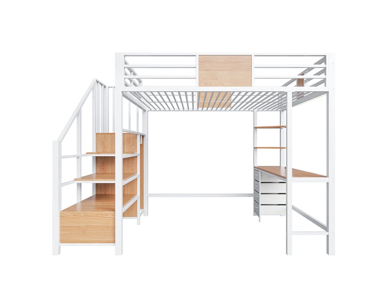  Lit superposé 140x200 cm, lit enfant, bureau, penderie, led, prise intégrée, métal blanc  - Conforama B