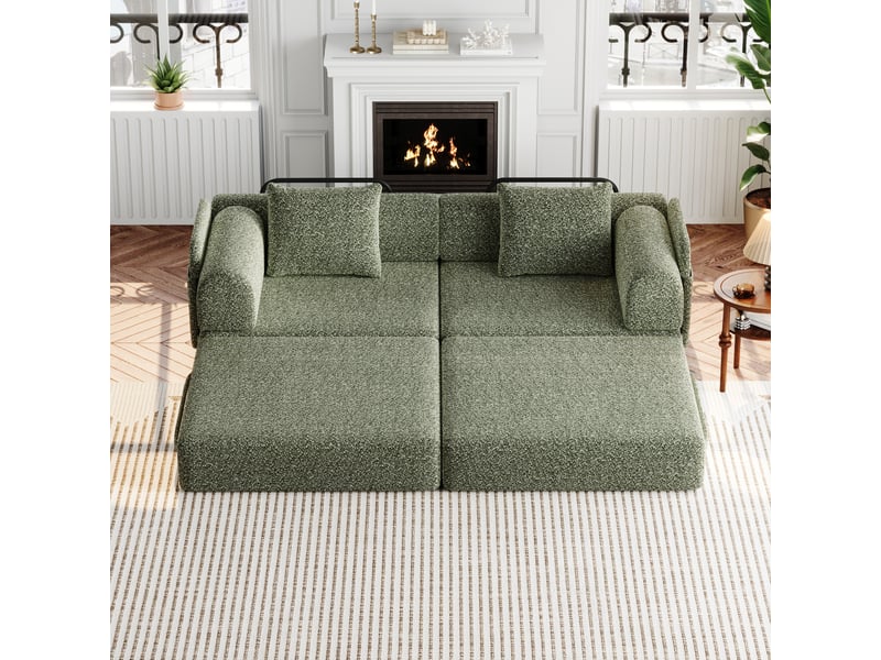 Canapé droit convertible 2 places vert en chenille, 2-en-1 avec rangement d’accoudoir, base antidérapante et structure acier Fay Lum - Conforama D