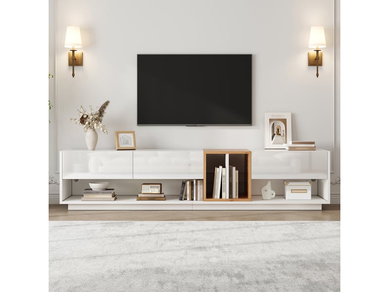 Meuble tv led avec 3 portes et niches blanc brillant et aspect bois 190 cm GL8890N - Conforama D