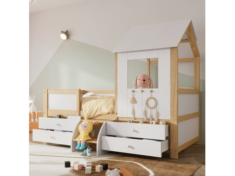 Lit enfant mi-hauteur 90x200 cm maison avec toit, 4 tiroirs et escalier, blanc naturel - Conforama B