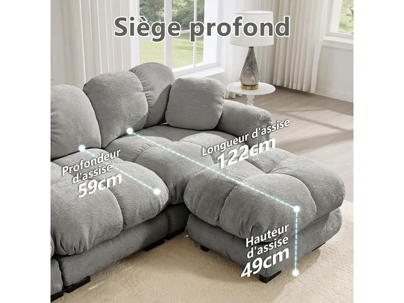  Canapé d'angle 4 places en l modulable chenille 330 x 149 x 90 cm gris clair confort soutenu  - Conforama D