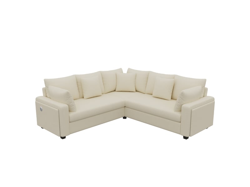 Canapé d'angle 5 places, éclairage led, ports usb et usb-c, velours côtelé, 5 coussins, assise à ressorts pour salon - beige - Conforama A
