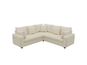 Canapé d'angle 5 places, éclairage led, ports usb et usb-c, velours côtelé, 5 coussins, assise à ressorts pour salon - beige