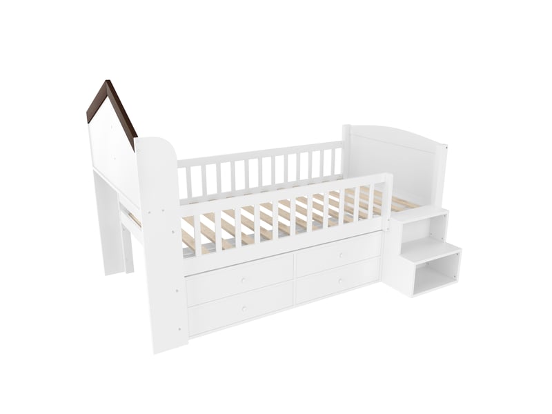  Lit surélevé forme maison avec 4 tiroirs, led et escalier rangement, blanc, 90x200 cm  - Conforama D