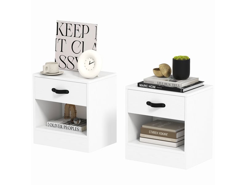  Lot de 2 tables de chevet avec tiroir et compartiment ouvert pour salon, 39 x 28 x 41 cm, blanches  - Conforama B