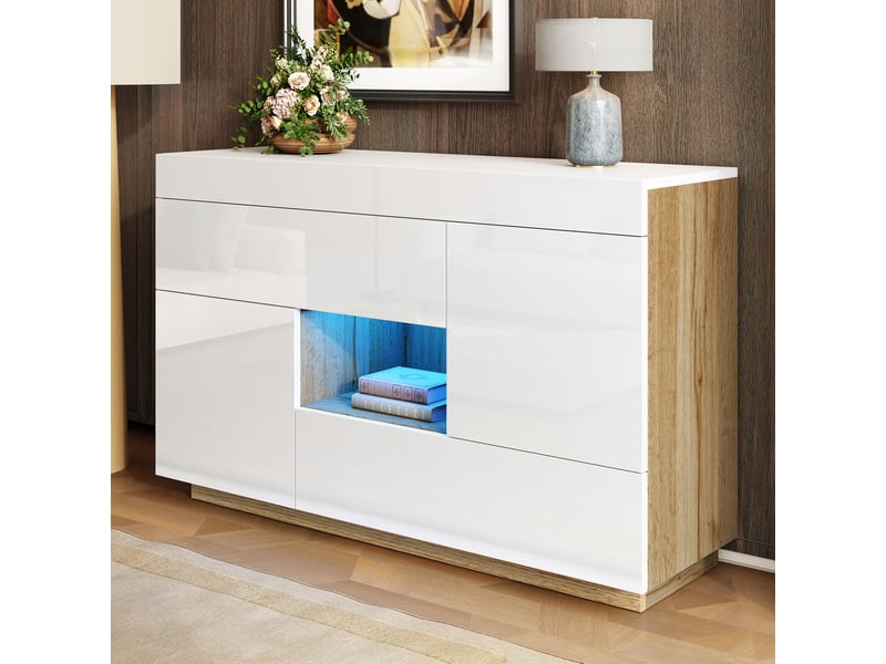 Buffet avec led 120x37x76,5 cm, 2 tiroirs et 2 portes, meuble de cuisine, salon, rangement, panneau de particules blanc - Conforama E