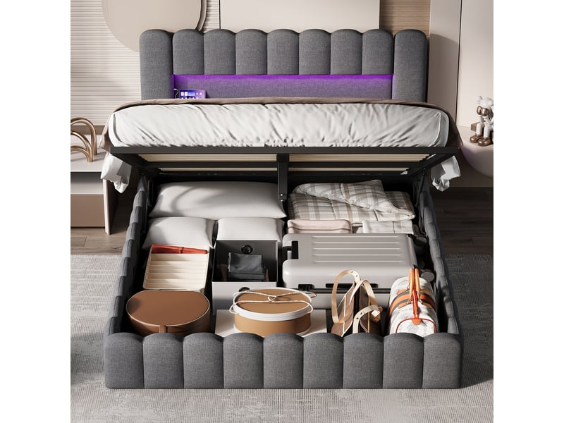 Lit à bulles rembourré 140 x 200 cm, lit hydraulique avec espace de rangement et sommier à lattes, lit double avec éclairage led et ports usb, lin, gris 231223YZ0501#ADysCHWY5SDELLM - Conforama D