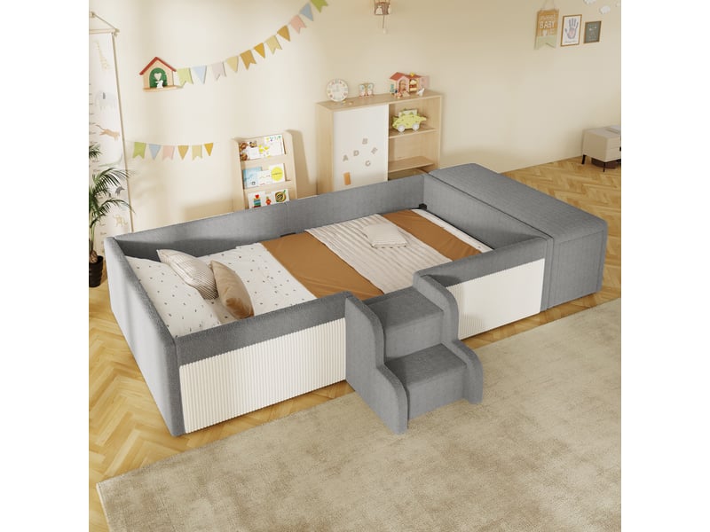  Lit banquette 90x190 cm avec marches et rangement, rembourré en velours, gris Morn Vibe - Conforama E