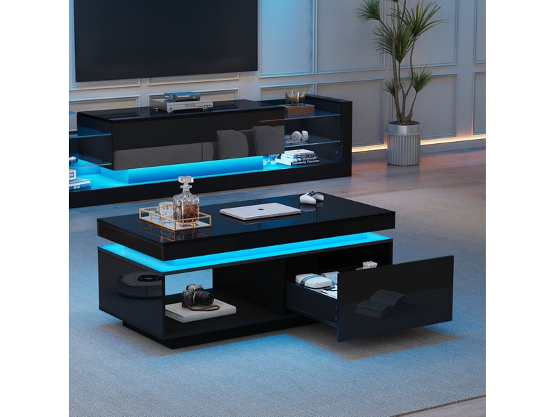  Table basse 100x50x40,3 cm avec led et tiroir panneau de particules noire  - Conforama C