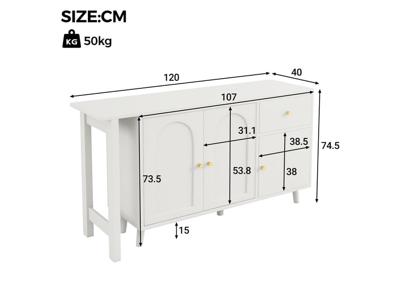  Bureau d'angle pivotant 360°, bureau et buffet 2 en 1 avec 3 portes et 1 tiroir. Bureau informatique blanc élégant pour salon et chambre.  - Conforama C
