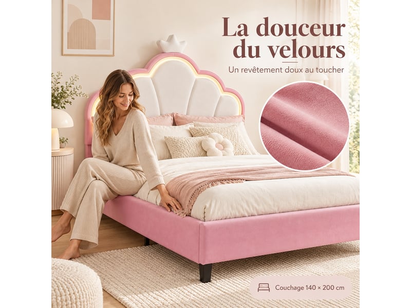  Lit enfant fille 140x200 cm en velours, lit rembourré double avec led, lit princesse avec tête de lit réglable, décoration couronne et sommier à lattes, design rembourré moderne, rose  - Conforama R