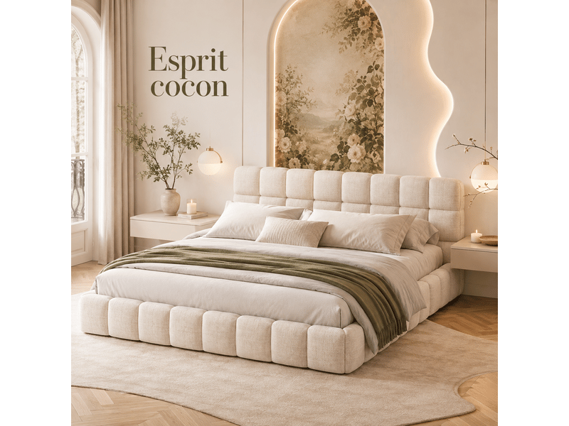 Lit double rembourré 160x200 cm, lit bubble avec sommier à lattes et tête de lits capitonne , lit double 2 personnes,lit queen avec un design unique,cadre de lit pour adulte adolescents, sans matelas, lin, beige, structure de li… - Conforama R