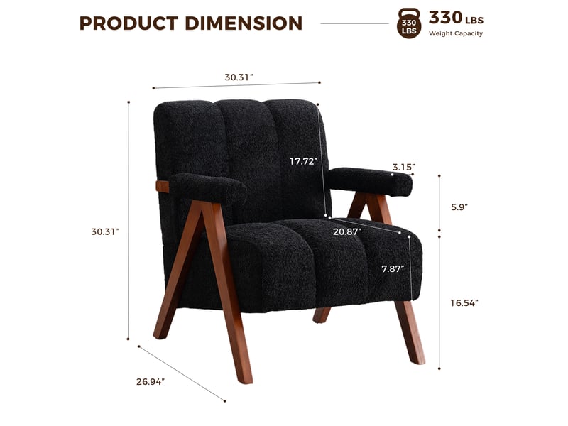  Fauteuil de salon 77x68,4x77 cm, accoudoirs courbés, structure en bois, design moderne, tissu chenille, couleur noir  - Conforama C