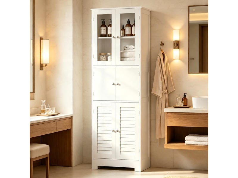 Colonne salle de bain sur pied, 6 portes dont 2 vitrées et 2 coulissantes, étagères réglables - Conforama B