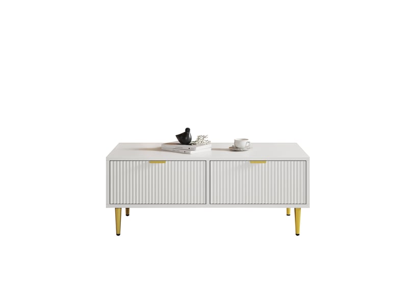  Table basse rectangulaire 100x50x40 cm avec rangement, tiroirs, pied en métal, table de salon, pour salon, mdf, blanc  - Conforama A