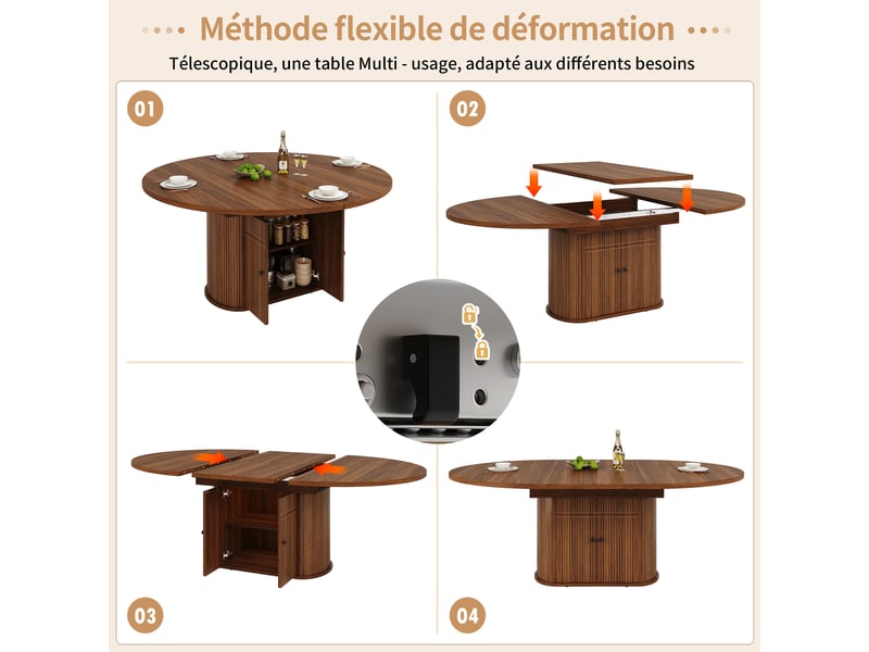  Table à manger extensible 118-158x118x76.5cm pour 4 à 6 personnes, avec rangements intégrés, gain de place, marron foncé evarich - Conforama D