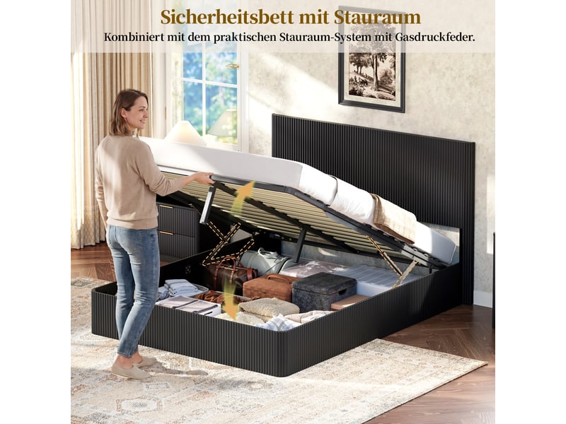 Lit double 160 x 200 cm avec sommier à lattes, lit double à vérins avec espace de rangement, lit 2 personnes — noir - Conforama E