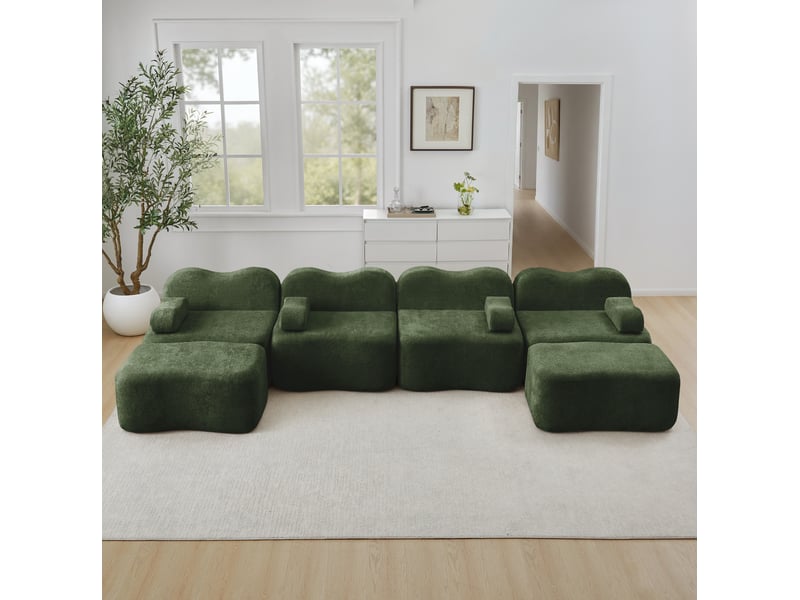  Canapé modulable ulevr 4 places en u avec 2 poufs, velours vert, mousse 32d, 384 x 167 x 70 cm  - Conforama E