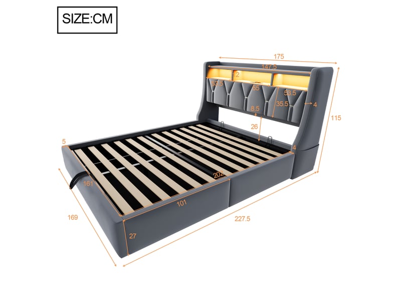  Lit coffre hydraulique 160x200 cm en velours, tête de lit rabattable avec rangement, LED, prise USB et Type-C, pieds élargis - Gris  - Conforama C