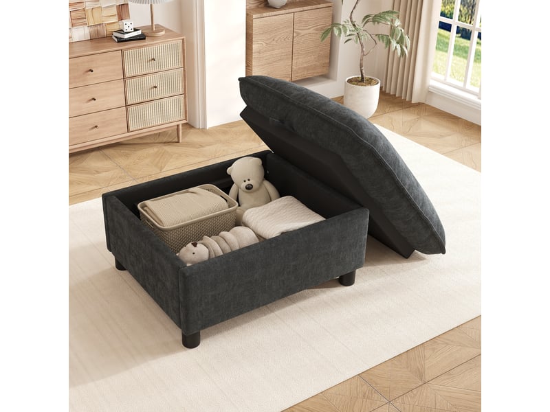  Pouf coffre en chenille gris, repose-pieds rembourré, banquette rangement 98x65x48 cm  - Conforama E