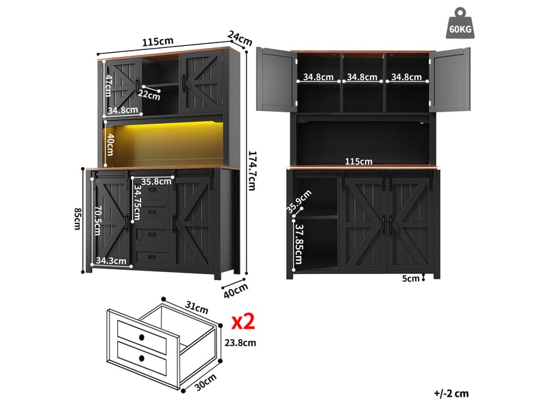  Buffet 115x40x175 cm noir et blanc avec portes coulissantes et éclairage led intégré  - Conforama C