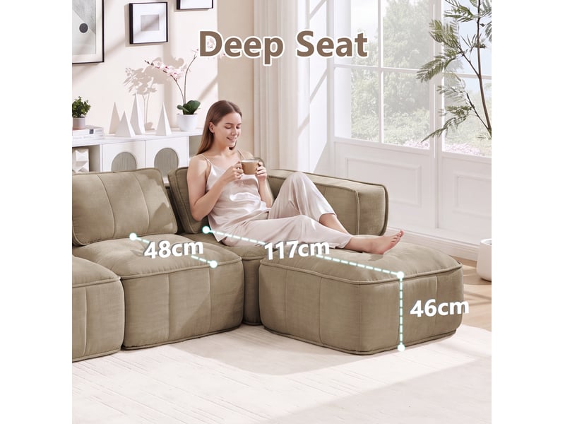  Canapé modulable compressé 2 places avec 2 poufs, en polyester sable  - Conforama D