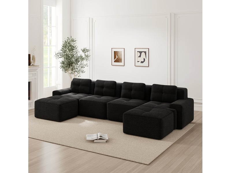  Canapé modulable d’angle en u 4 places 382x177x69 cm, sans montage, assise profonde 74 cm, en velours côtelé, noir  - Conforama B