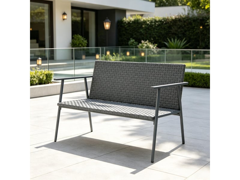  Banc de jardin 2 places en résine tressée et acier avec coussin et dossier  - Conforama D