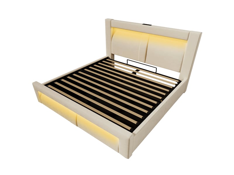 Lit coffre 160x200 en velours beige avec rangement hydraulique, led, ports usb type-c et sommier à lattes - Conforama A