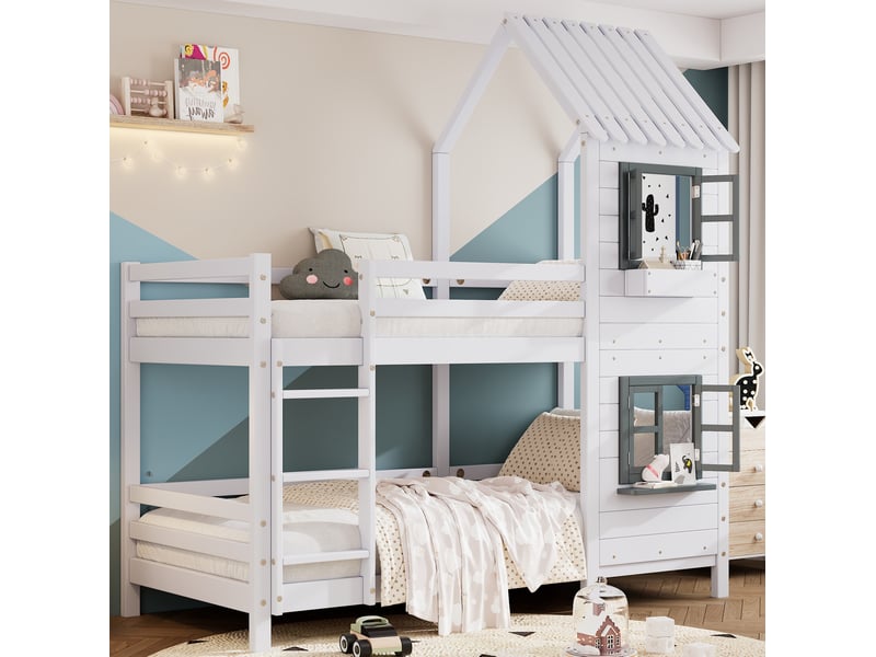  Lit superposé enfant cabane 2 x 90x200 cm blanc et gris en bois et mdf  - Conforama D