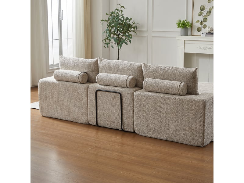  Canapé d’angle modulable en chenille, méridienne réversible, mousse haute densité, 3 coussins, sans montage - beige  - Conforama E