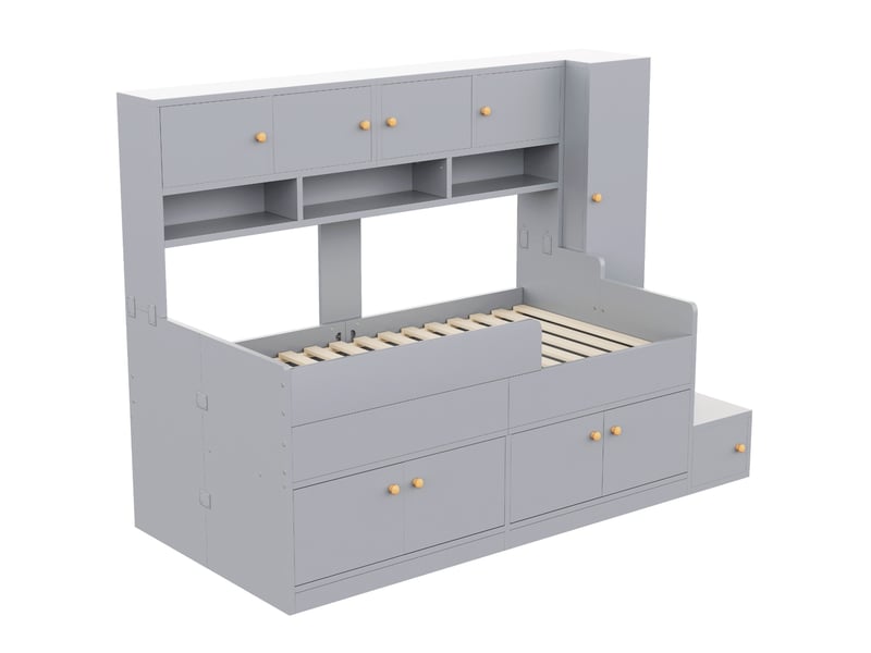  Lit enfant 90x200 cm, lit combiné avec rangement et led, gris, sans matelas  - Conforama R