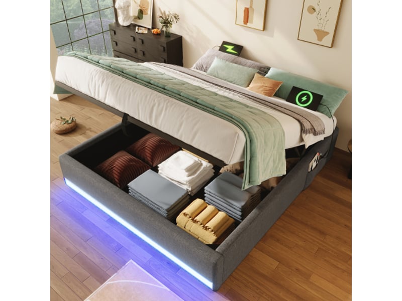  Lit rembourré, 140 x 200 cm, bande led, ports usb et type-c, petites poches de rangement, sans tête de lit, système de rangement hydraulique, matelas non inclus, gris  - Conforama B